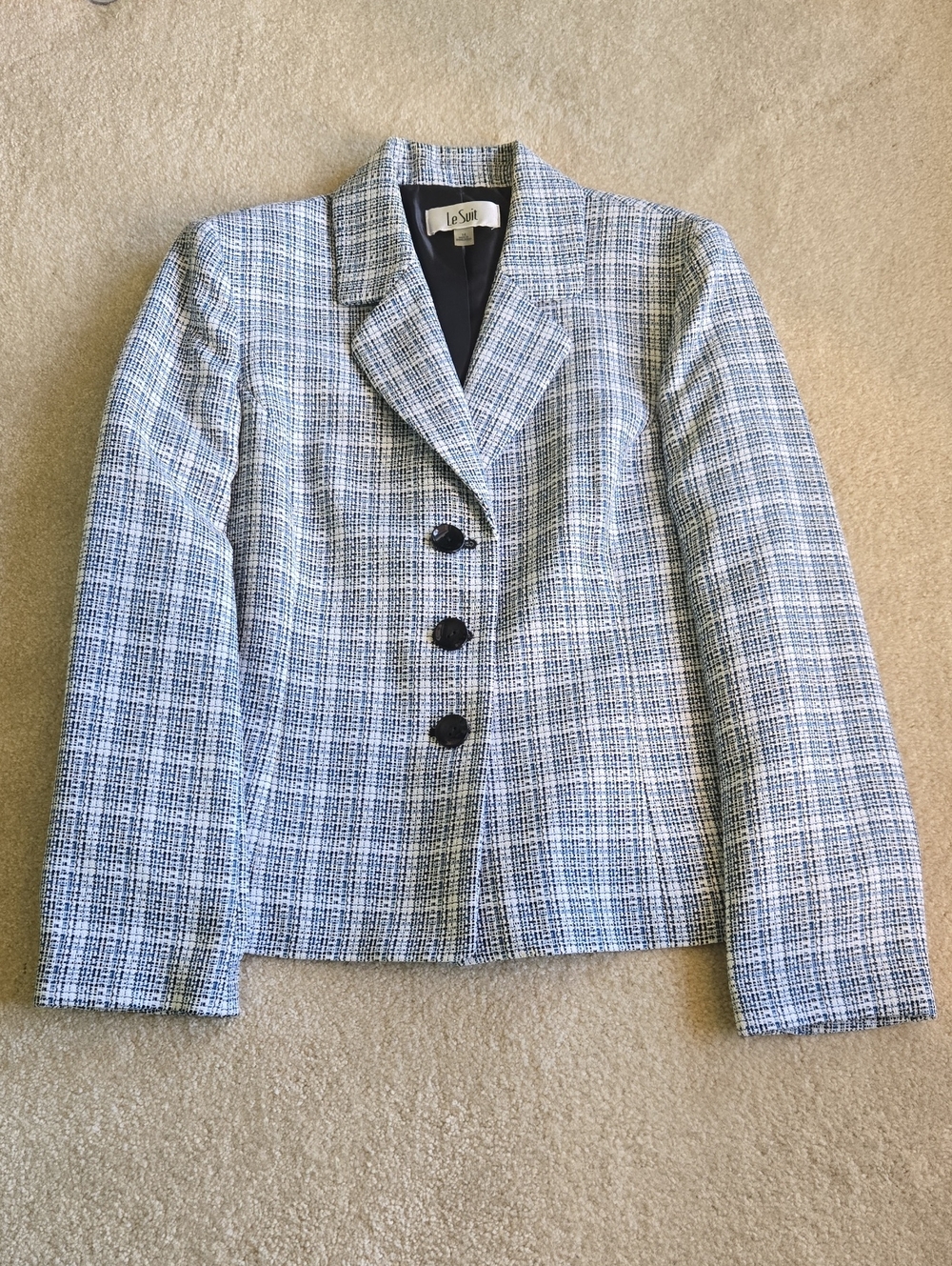 Le Suit Blue and White Tweed Structured Blazer